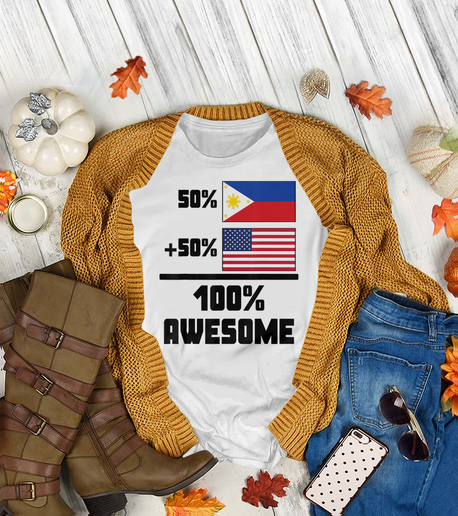 50 Filipino 50 American 100 Awesome Philippines Flag USA Flag T-Shirt