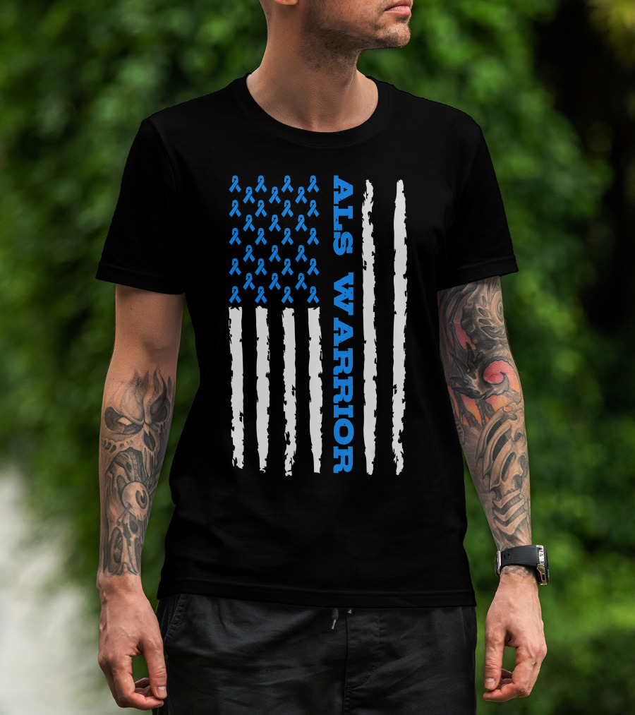 ALS Warrior Blue Ribbon Awareness American Flag USA T-Shirt