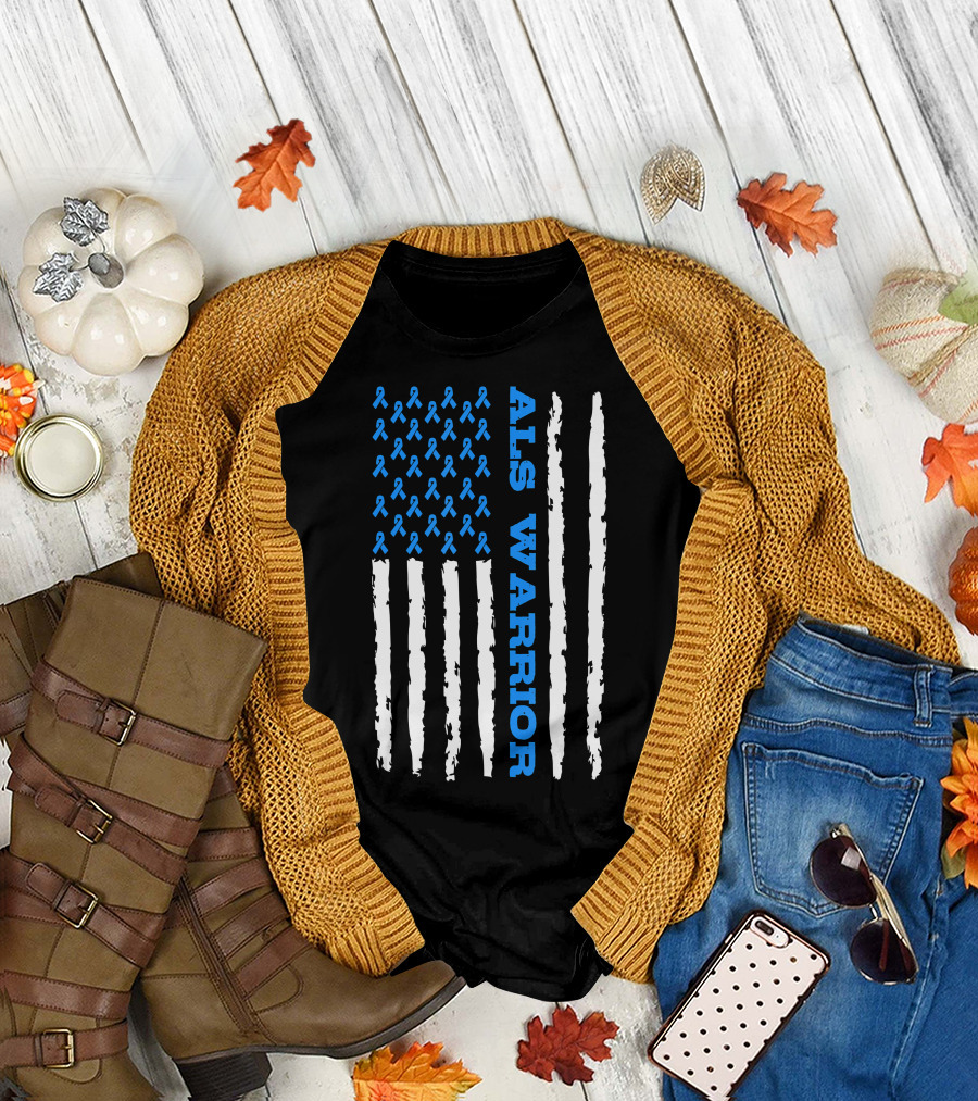 ALS Warrior Blue Ribbon Awareness American Flag USA T-Shirt