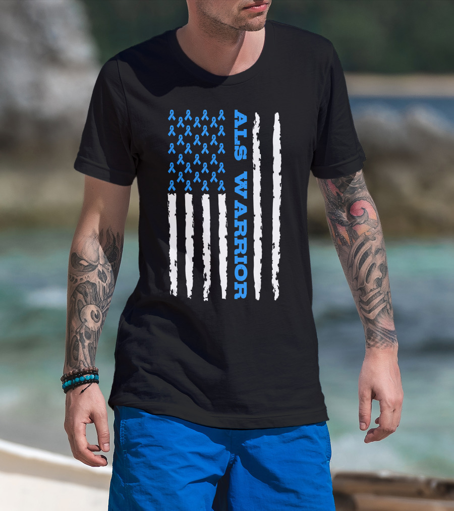 ALS Warrior Blue Ribbon Awareness American Flag USA T-Shirt