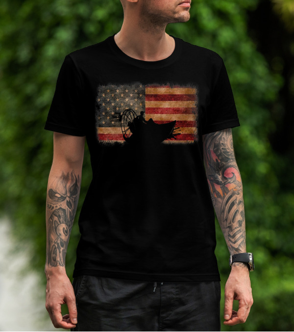 American Flag Airboat Racing Silhouette Over Rustic America T-Shirt