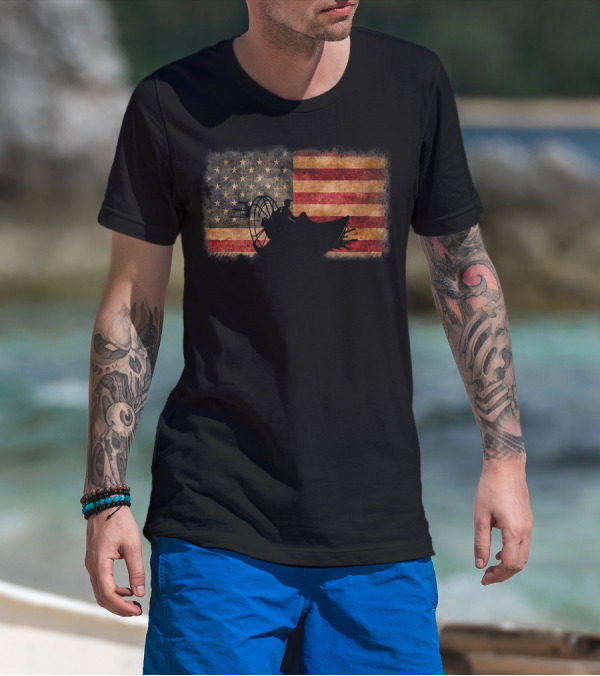 American Flag Airboat Racing Silhouette Over Rustic America T-Shirt