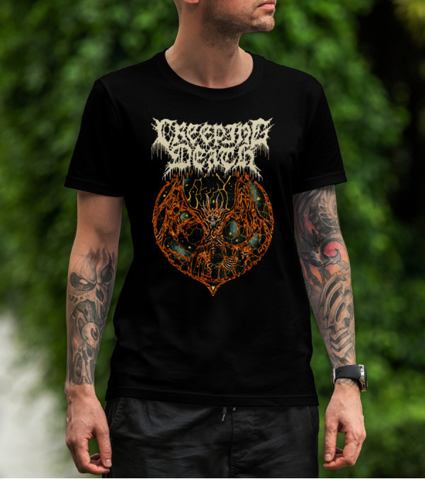 Creeping Death Skeleton Demon With Orange Lightning And Cosmic Background T-Shirt