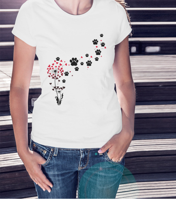 Pawprints And Heart Blossoms Dandelion T-Shirt