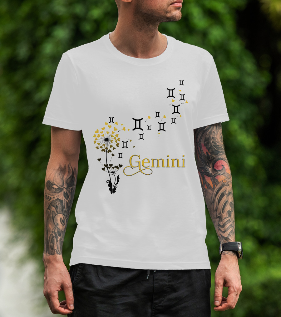 Gemini Zodiac Symbol Flower With Hearts And Emblem Accents T-Shirt