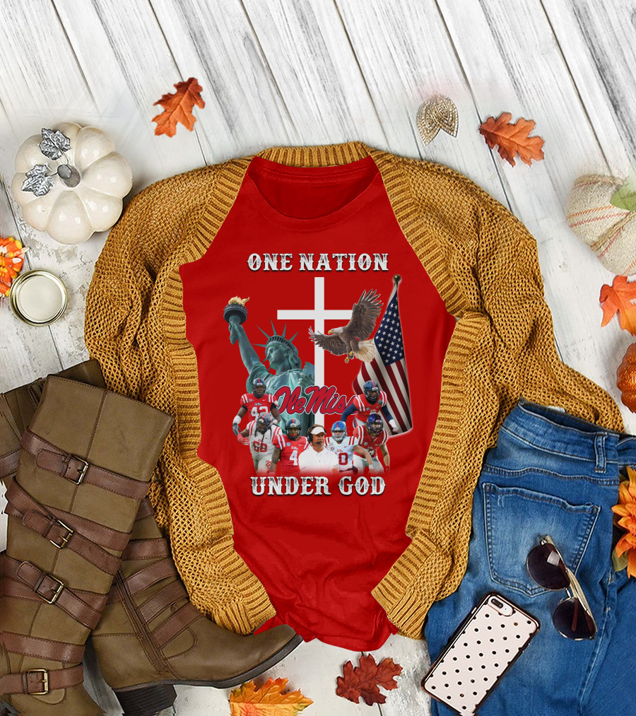 One Nation Under God Ole Miss Coach and Players with Statue of Liberty, Cross, Eagle, and American Flag T-Shirt