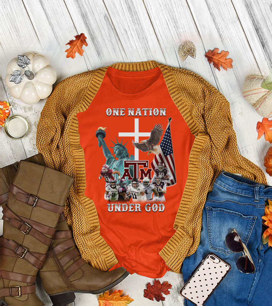 One Nation Under God Texas A&M Football Statue of Liberty Bald Eagle American Flag T-Shirt