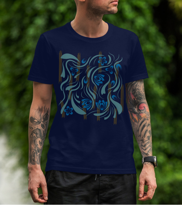 Folk Flowers Pattern Blue And Gold Floral Motif T-Shirt