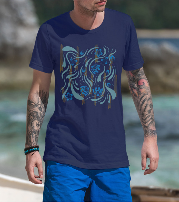 Folk Flowers Pattern Blue And Gold Floral Motif T-Shirt