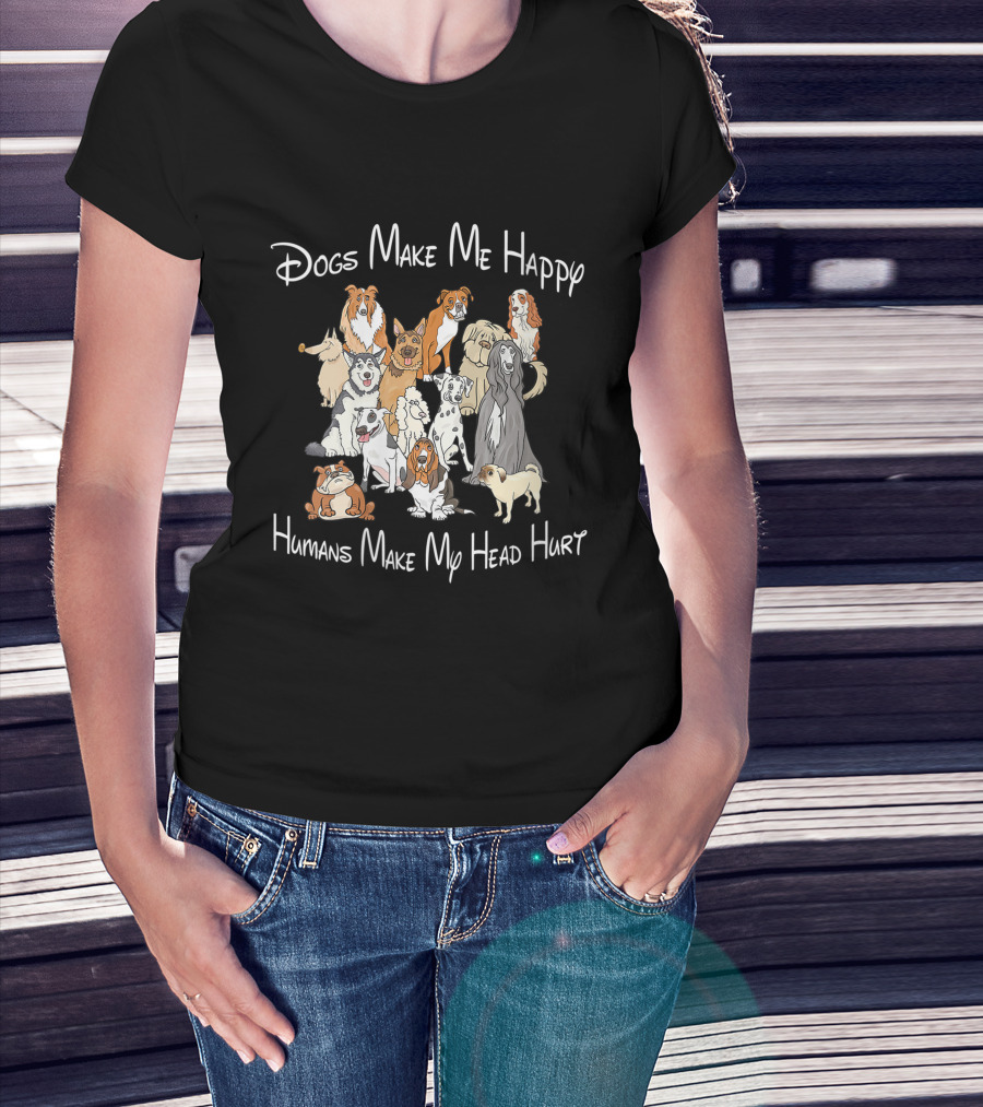 Dogs Make Me Happy Humans Make My Head Hurt With Illustrated Dog Breeds T-Shirt