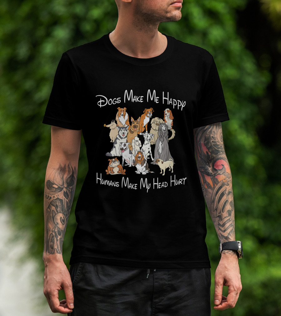 Dogs Make Me Happy Humans Make My Head Hurt With Illustrated Dog Breeds T-Shirt