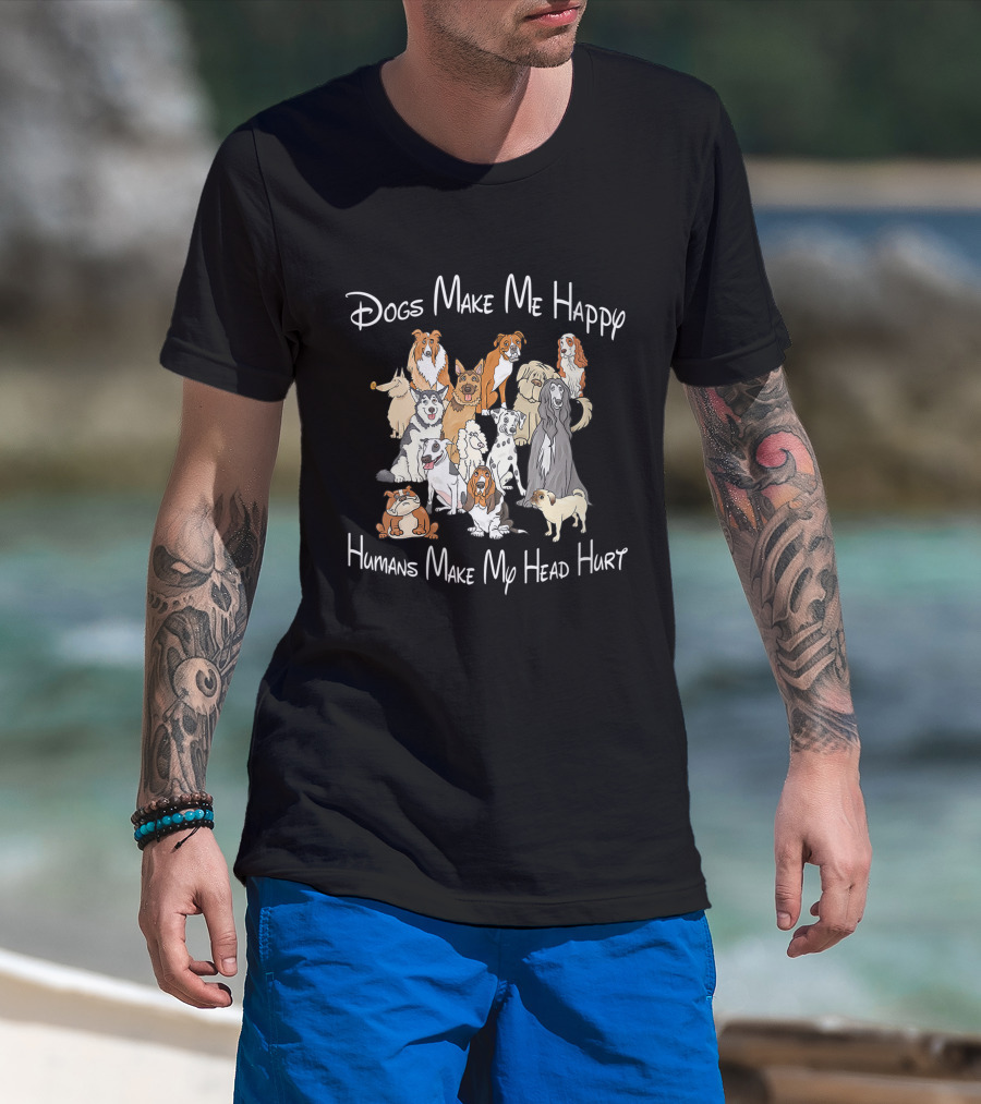 Dogs Make Me Happy Humans Make My Head Hurt With Illustrated Dog Breeds T-Shirt