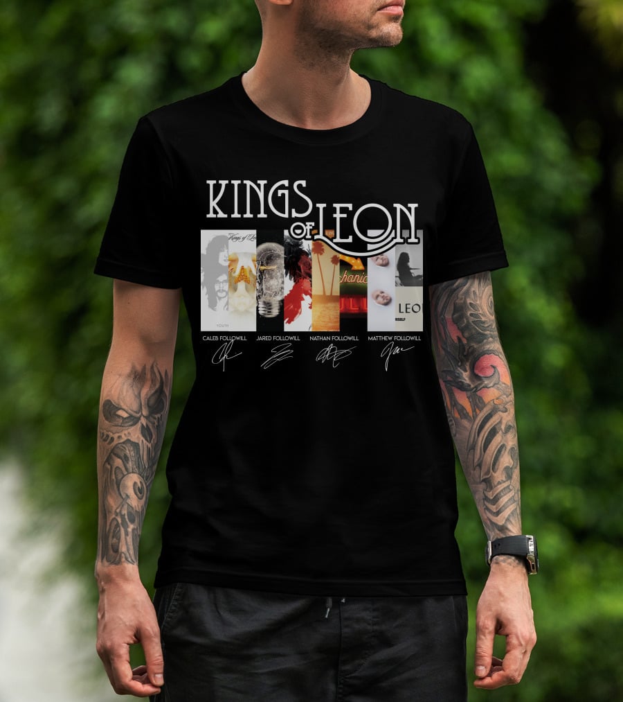 Kings Of Leon Youth And Young Manhood Album Covers With Caleb Jared Nathan Matthew Followill Signatures T-Shirt