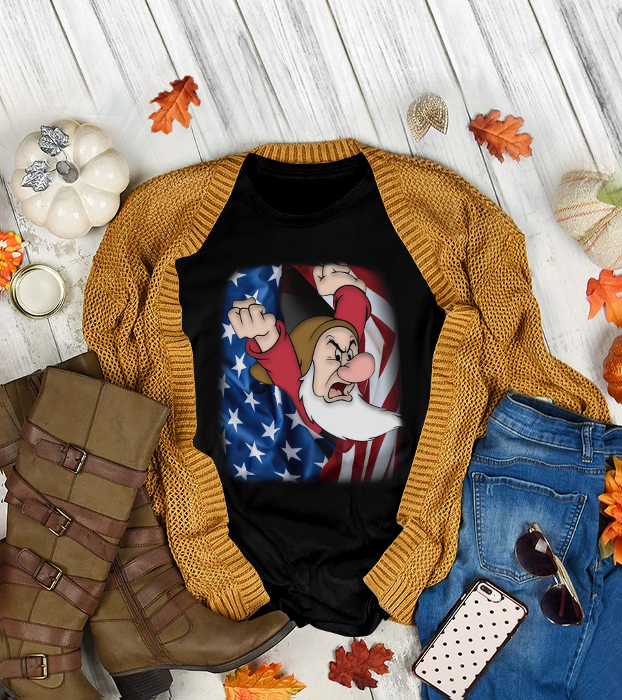 Grumpy Patriotic Dwarf with American Flag 4th of July T-Shirt