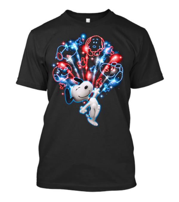 Snoopy Firework Celebration With Peanuts Characters In Red And Blue T-Shirt