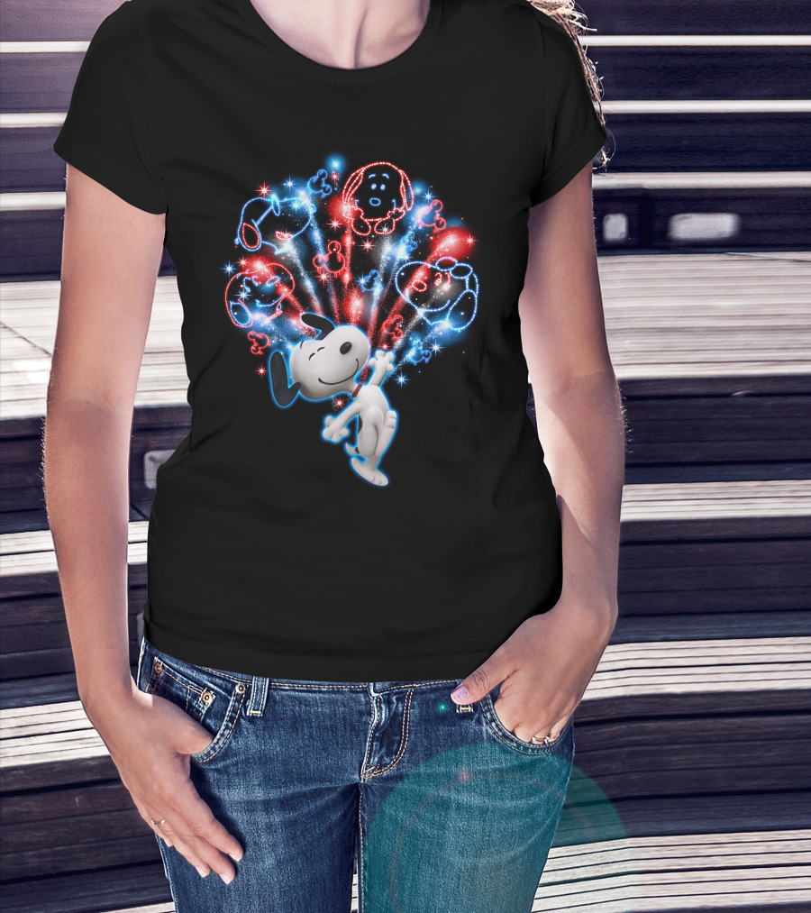 Snoopy Firework Celebration With Peanuts Characters In Red And Blue T-Shirt