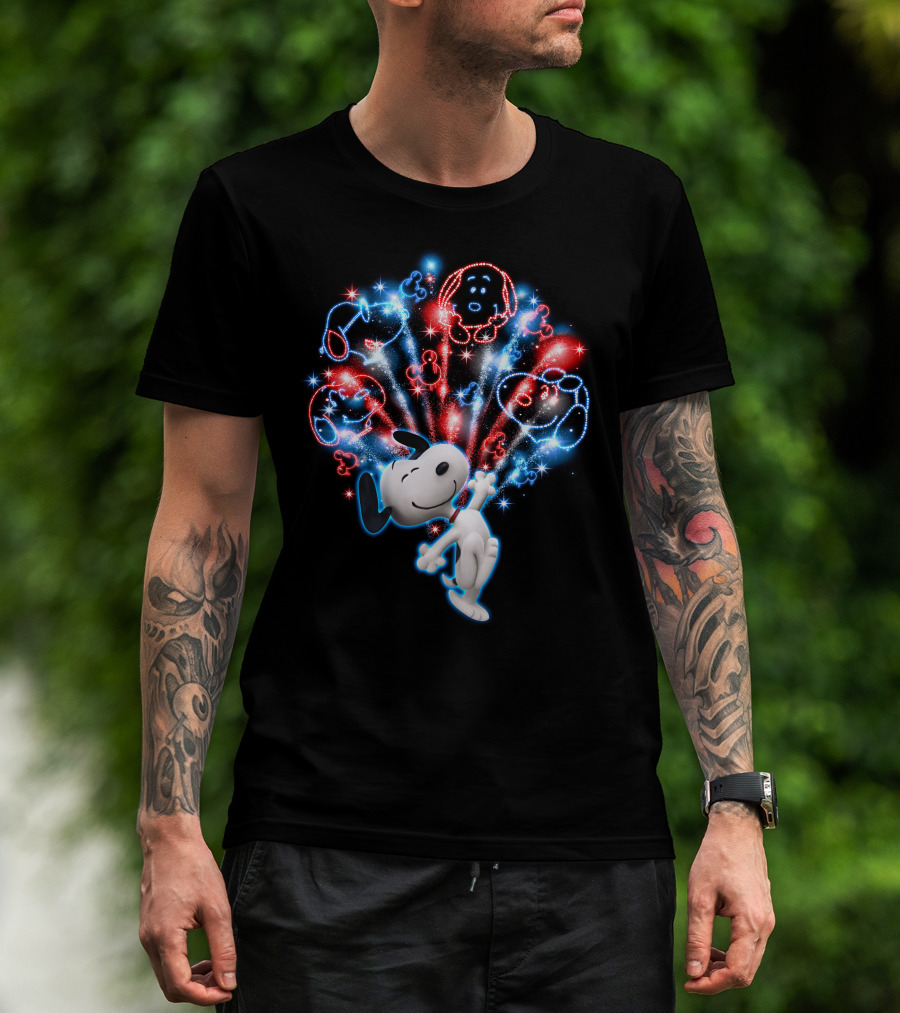 Snoopy Firework Celebration With Peanuts Characters In Red And Blue T-Shirt