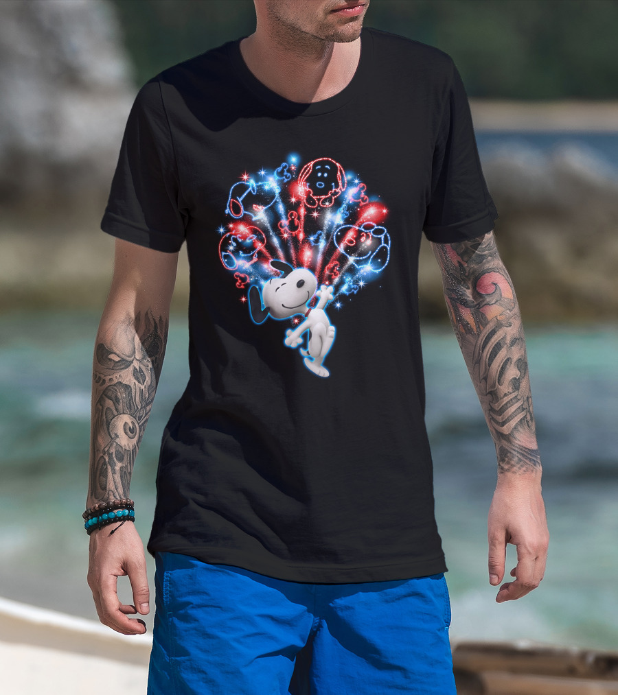 Snoopy Firework Celebration With Peanuts Characters In Red And Blue T-Shirt
