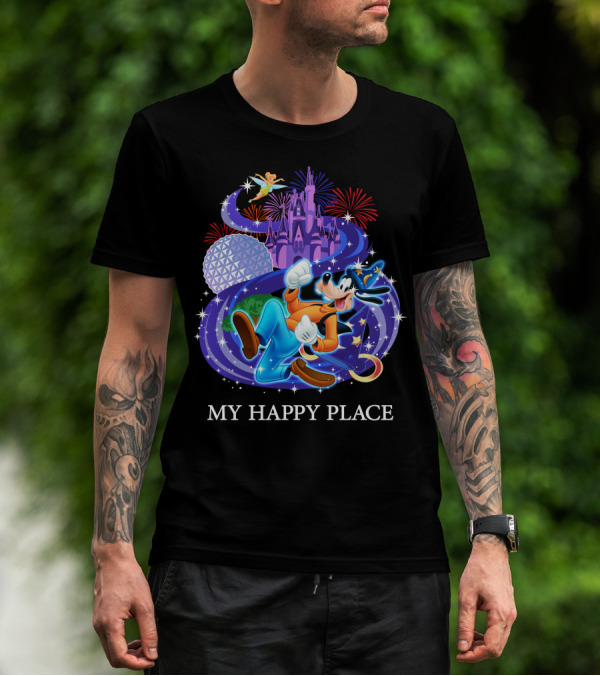 Goofy In My Happy Place With Castle And Fireworks T-Shirt