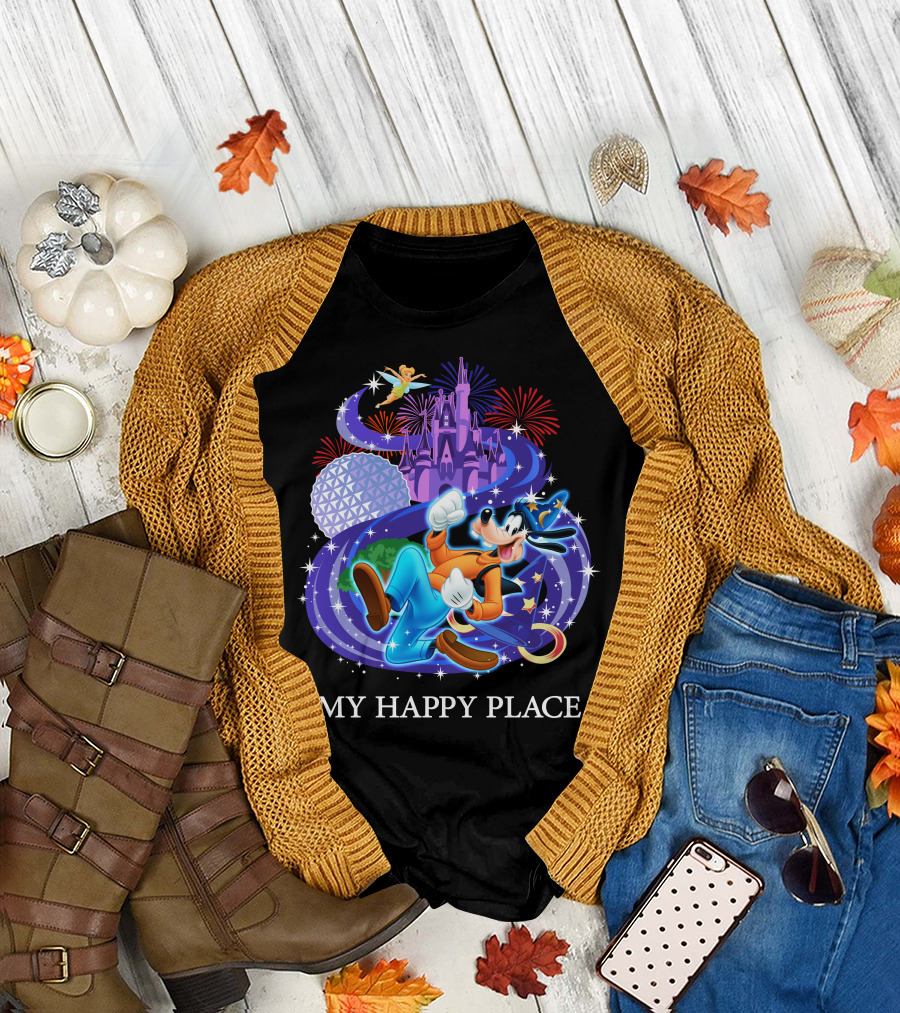 Goofy in My Happy Place with Castle and Fireworks T-Shirt