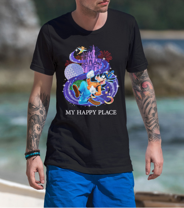 Goofy In My Happy Place With Castle And Fireworks T-Shirt