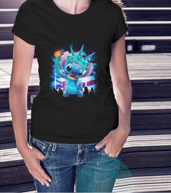 Stitch Statue Liberty American Flag Skyline T-Shirt