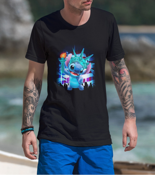 Stitch Statue Liberty American Flag Skyline T-Shirt