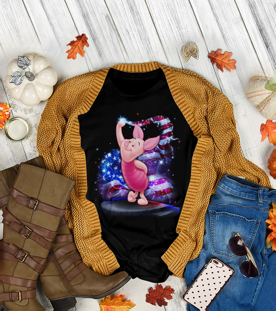 Piglet Bling July American Flag Sparkle T-Shirt