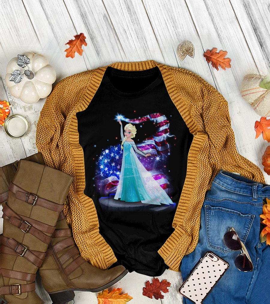Frozen Elsa Sparkling American Flag Fourth of July T-Shirt