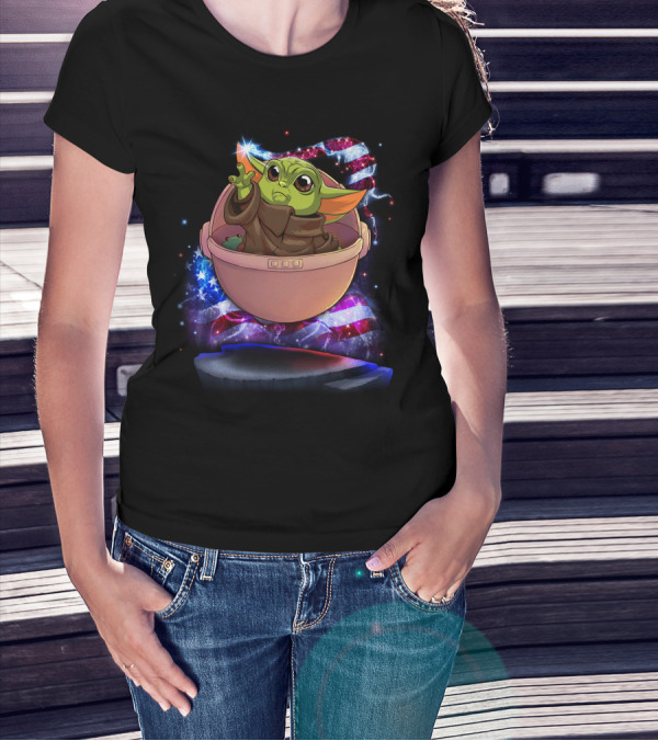 Baby Yoda Bling July American Flag Sparkle T-Shirt