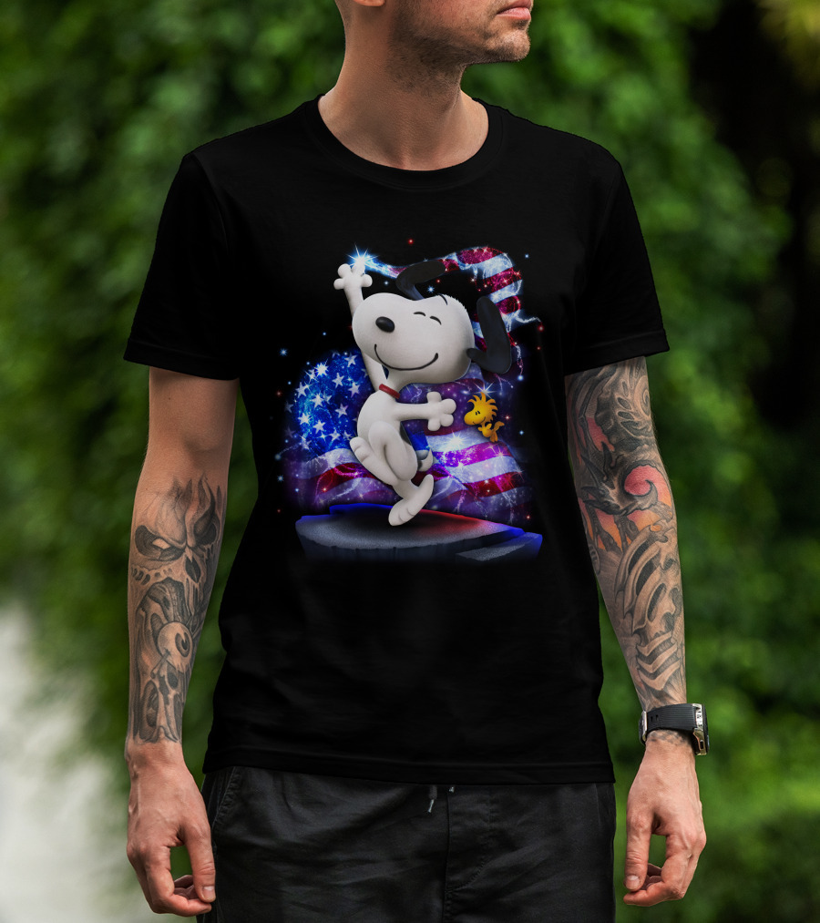 Snoopy Bling July Patriotic Celebration With Woodstock And American Flag T-Shirt