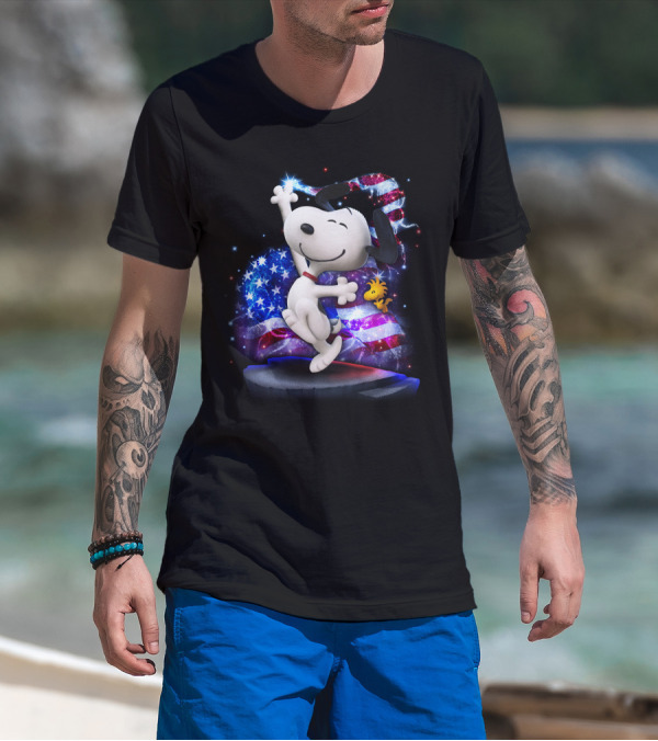 Snoopy Bling July Patriotic Celebration With Woodstock And American Flag T-Shirt
