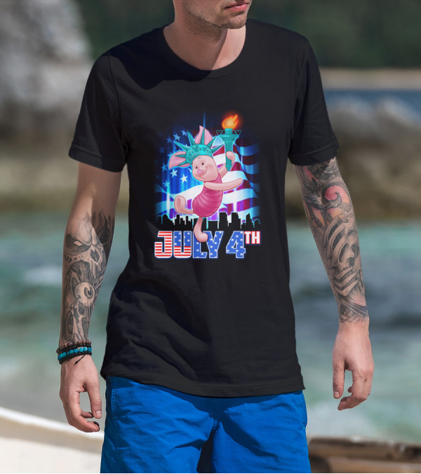 JULY 4th Piglet Statue Of Liberty Torch USA Flag T-Shirt