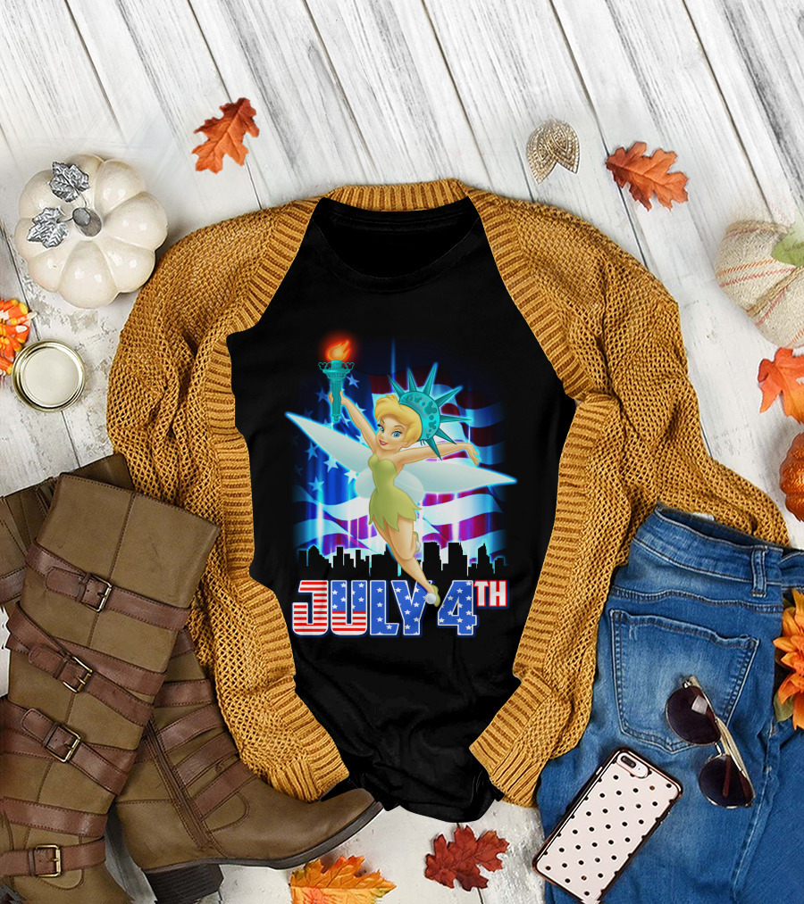 JULY 4th Tinkerbell Statue of Liberty with American Flag and City Skyline T-Shirt