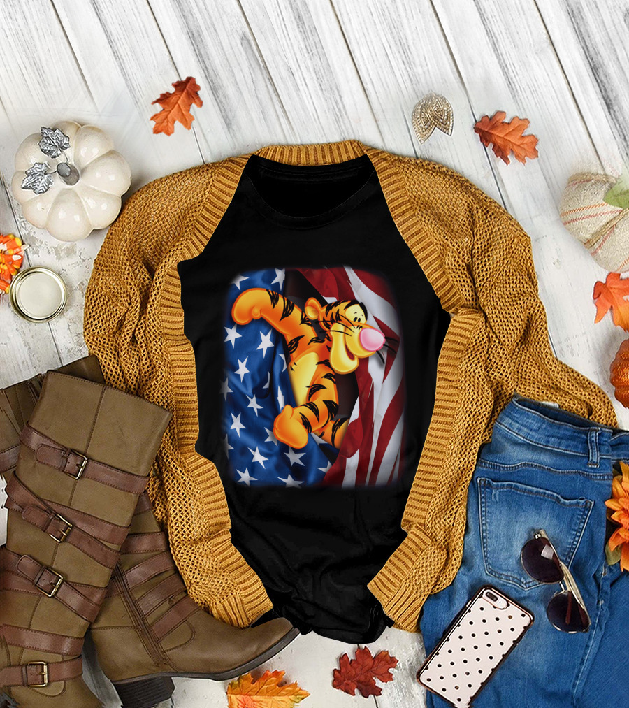 Tigger Celebrating Independence Day with American Flag T-Shirt
