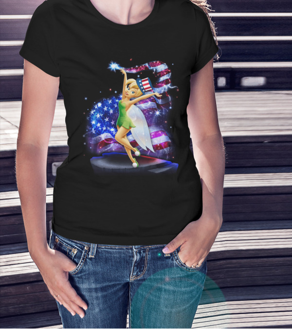 Tinkerbell Bling July Patriotic Sparkle With American Flag And Stars T-Shirt