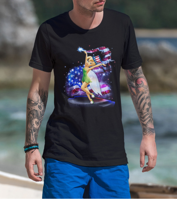Tinkerbell Bling July Patriotic Sparkle With American Flag And Stars T-Shirt