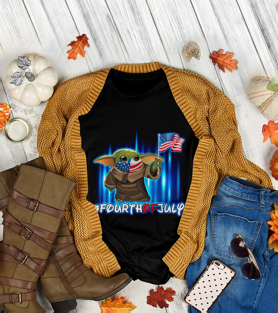 FOURTHOFJULY Baby Yoda with American Flag T-Shirt