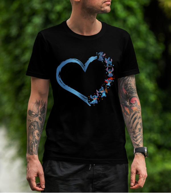 I Love Stitch Heart Shaped Blue Brush Characters T-Shirt