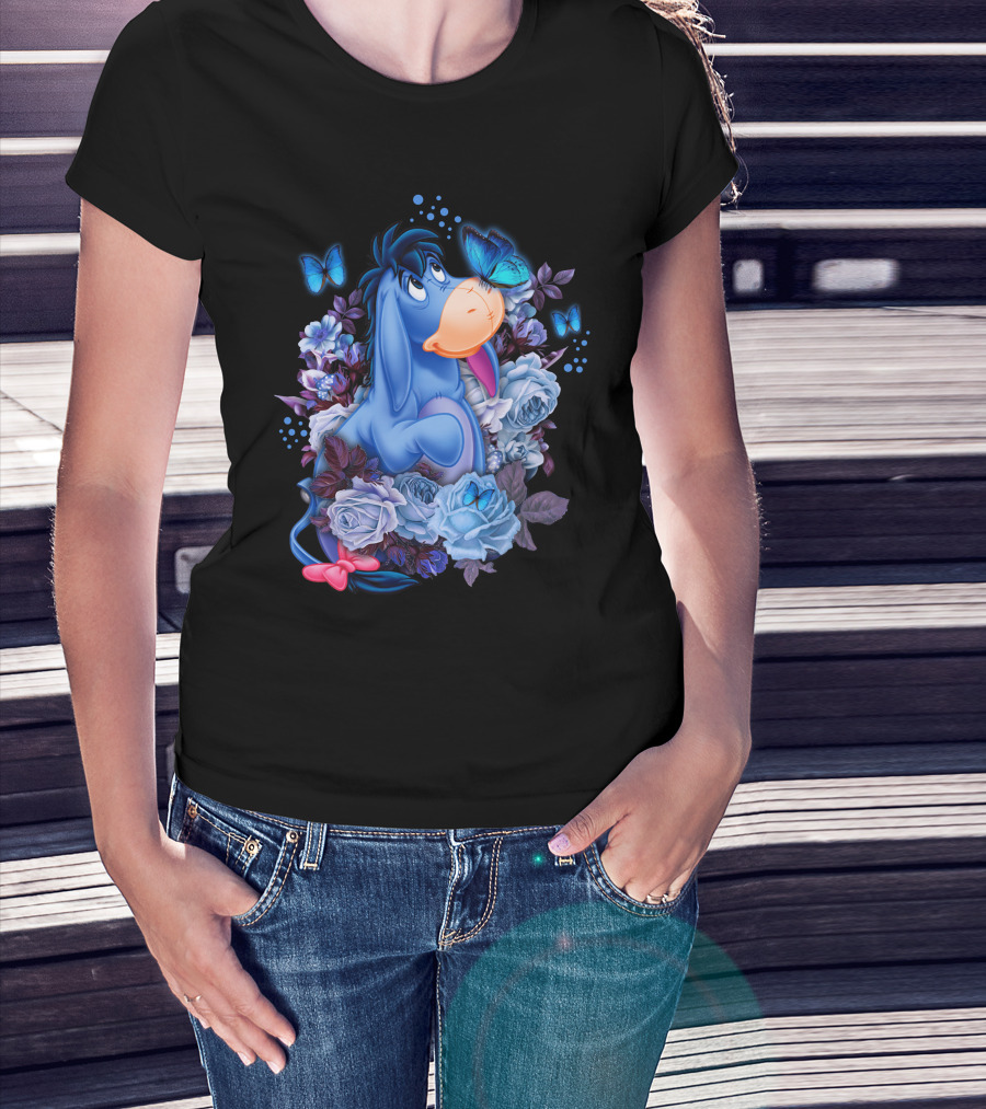 Eeyore Surrounded By Blue Flowers And Butterflies T-Shirt