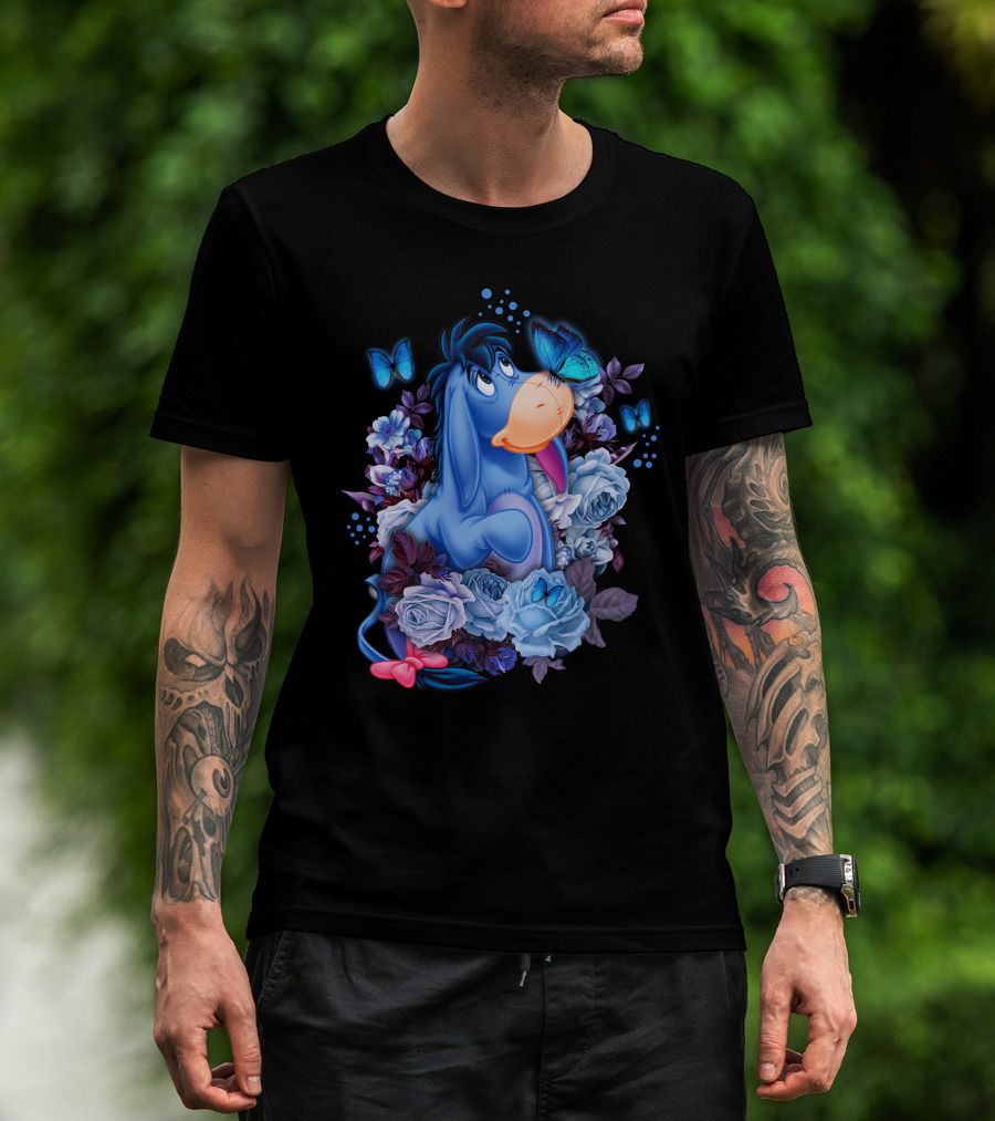 Eeyore Surrounded By Blue Flowers And Butterflies T-Shirt