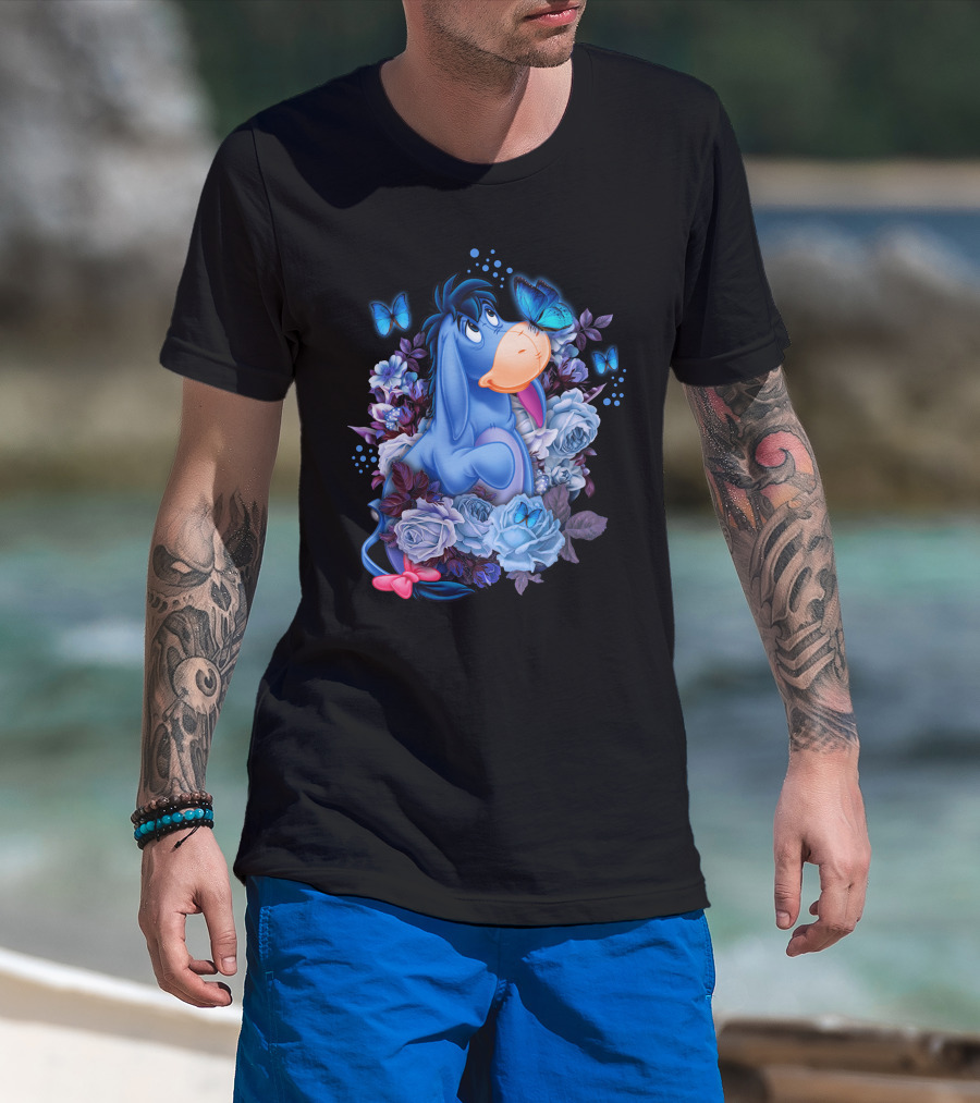 Eeyore Surrounded By Blue Flowers And Butterflies T-Shirt