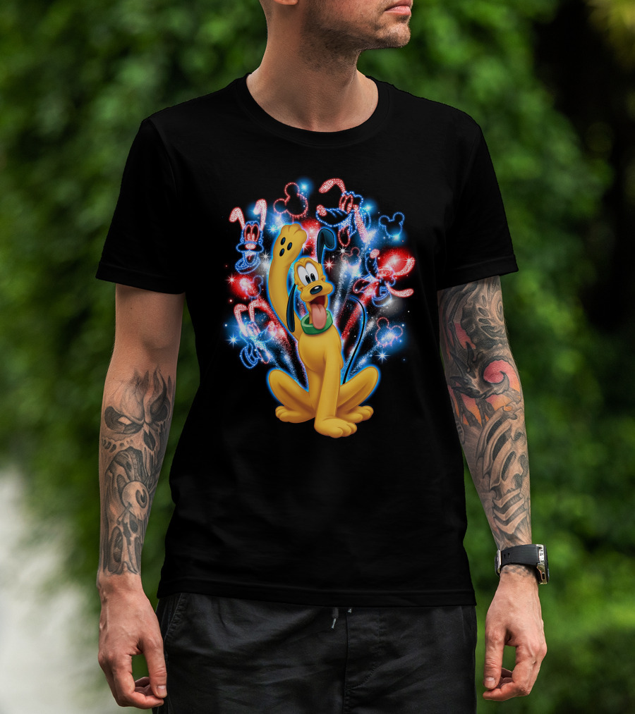Pluto Disney Fireworks With Mickey Mouse Outlines T-Shirt