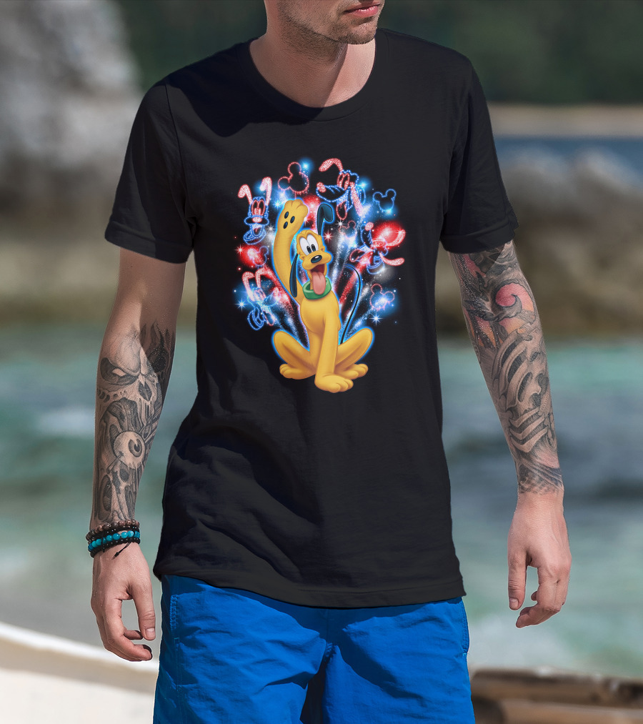 Pluto Disney Fireworks With Mickey Mouse Outlines T-Shirt