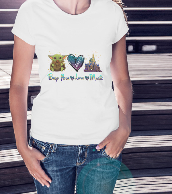 Baby Yoda Love Magic Heart Castle Fantasy T-Shirt
