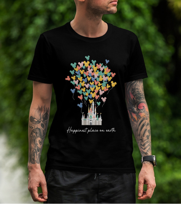 Happiest Place On Earth Disney Castle With Mickey Balloons T-Shirt