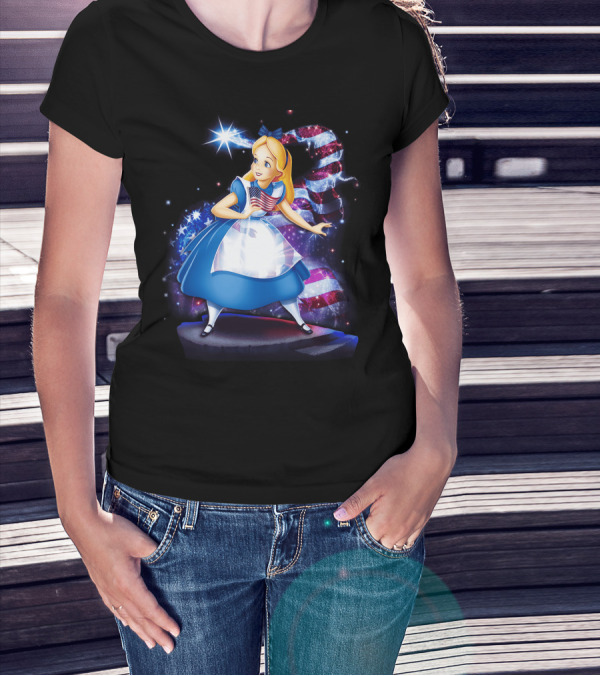 Alice Holding American Flag In Wonderland With Stars And Stripes Background T-Shirt