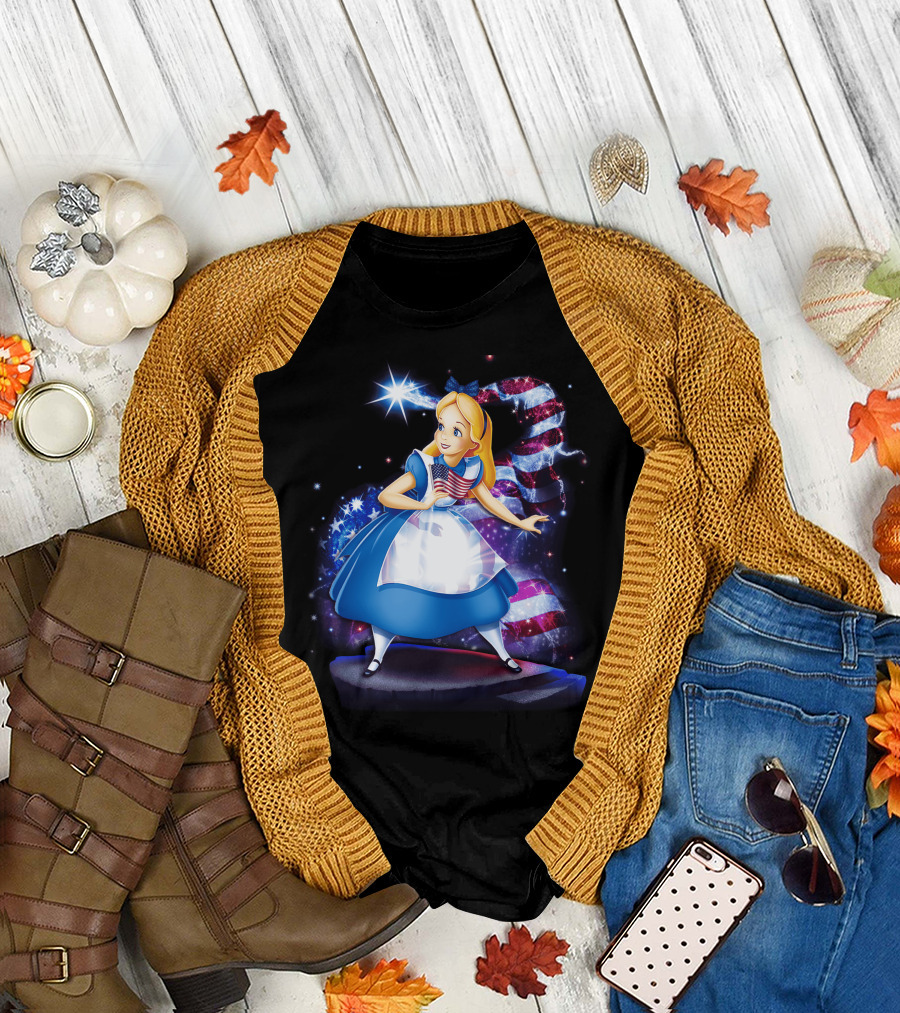 Alice Holding American Flag in Wonderland with Stars and Stripes Background T-Shirt