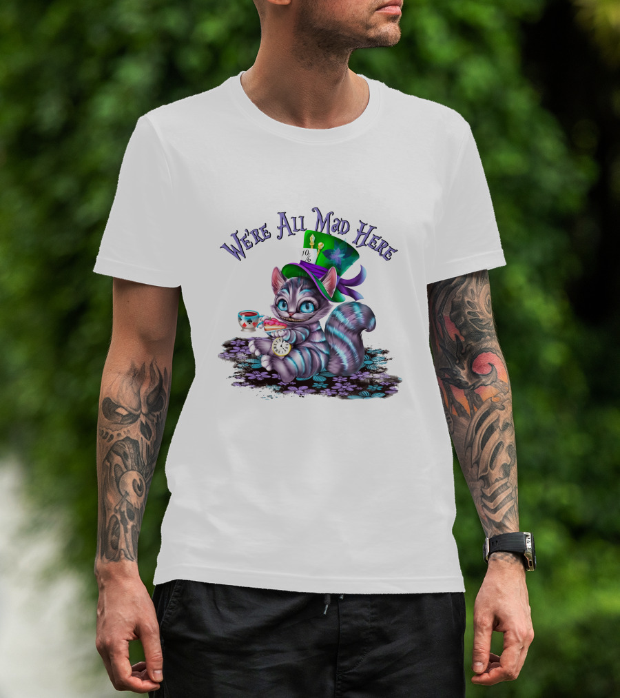 We're All Mad Here Cheshire Cat Tea Party With Hat And Clock T-Shirt
