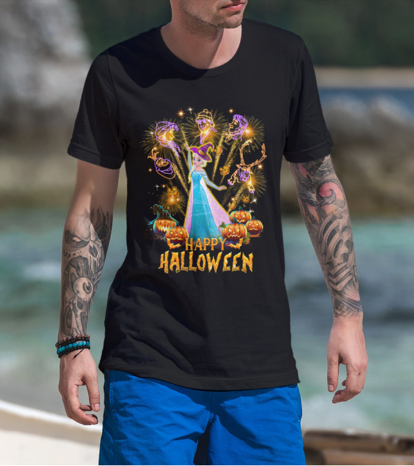 Elsa Happy Halloween With Fireworks And Pumpkins T-Shirt